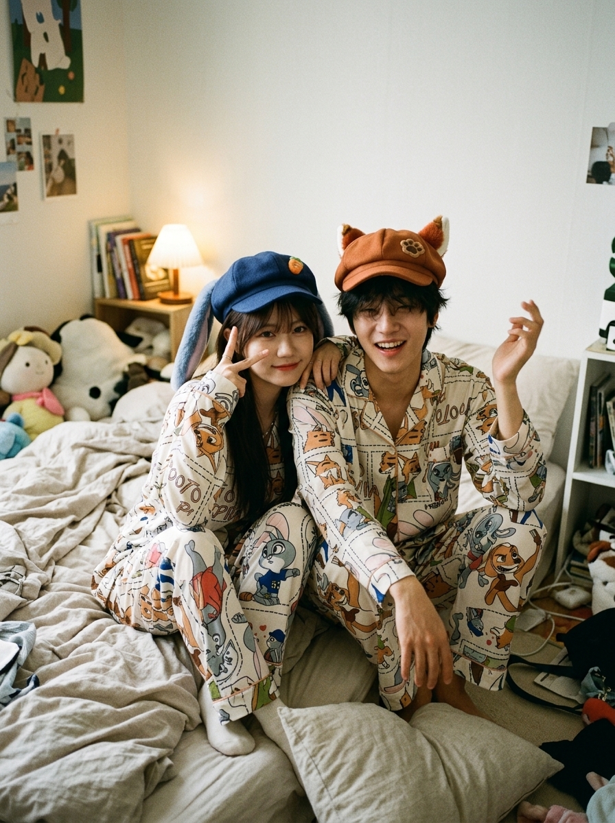 Korean couple wearing Shinhye Zootopia Flannel Lounge Set